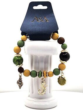 Sea-Themed Charm Bracelet With Green & Yellow Beads Gold Seahorse Shell & Conch